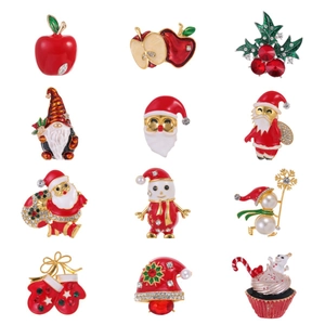 Broche De Noël Épinglette Alliage Émail Strass Imitation Künstliche Perle Père Noël Bonhomme De Neige Pomme Bijoux Festifs Cadeau