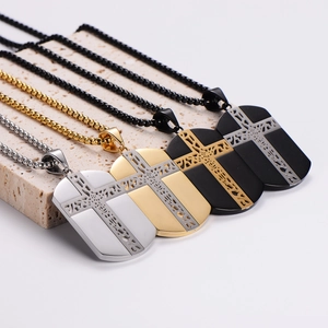 Polished stainless steel cross shield necklaces in silver, gold, and black finishes