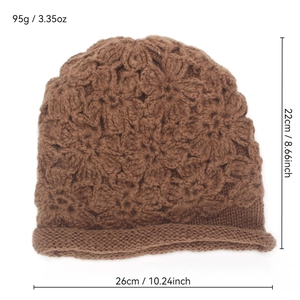 Handmade brown crochet flower knit beanie for women, warm winter hat with petal texture