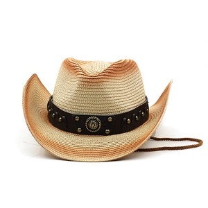 Detail of woven straw cowboy hat with gradient finish and studded leather band decor