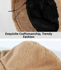 Detail view of camel faux rabbit fur bucket hat showing inner lining and adjustable drawstring