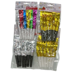 6-pack colorful metallic fringe blowouts party favors with gold and silver foil details