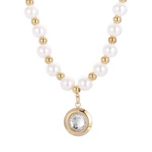 Elegant French pearl necklace with a large crystal pendant and gold metal accents