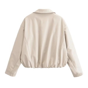 Minimalist beige PU leather cropped jacket back view with premium smooth finish