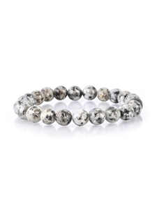 Macro shot of natural Dalmatian Stone beaded bracelet with polished black spotted texture
