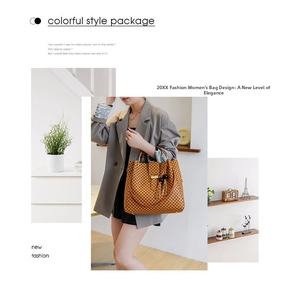 Close-up of three-piece tote bag set in checkered orange-brown with tassel charm