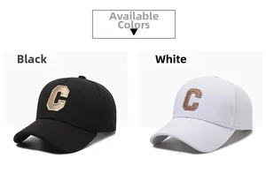 Detailed comparison showing black and white baseball caps with gold 'C' embroidery