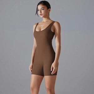 Detail of V-waist backless brown yoga bodysuit with seamless high stretch fabric