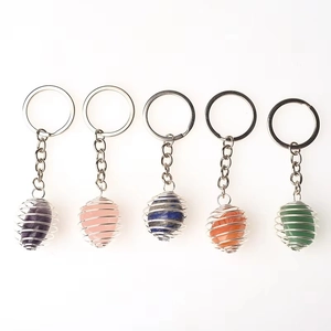 Natural Crystal Stone Keychain Stainless Steel Spiral Cage Hollow Pendant Polished Gemstone Healing Quartz Key Ring DIY Accessory