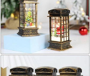 Detail of vintage Christmas telephone booth snow globe with Santa and crown relief