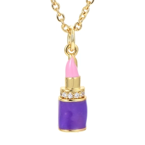 Close-up of a stylish lipstick pendant necklace with purple base and pink enamel detailing