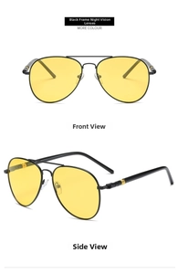 Front and side view of black metal aviator night vision sunglasses with yellow lenses