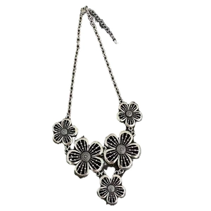 Bohemian silver metal necklace with five vintage black flower pendants for women