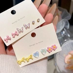 Chic 925 silver needle stud earring set with colorful resin bows and floral designs