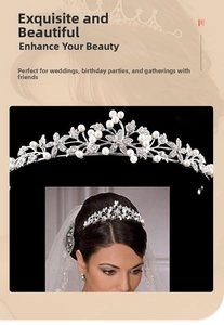 Detailed close-up of bridal tiara with pearls and rhinestones on a silver metal frame