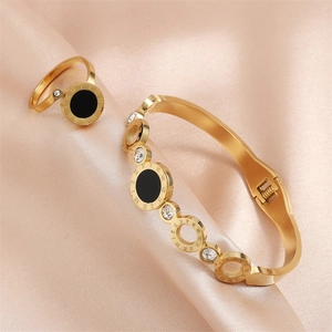 Vintage Roman Numeral Hollow Rhinestone Jewelry Set Plated Copper Bracelet And Open Ring Set For Women Fashion Jewelry