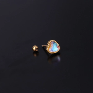 Golden heart moonstone cartilage stud earring with stainless steel screw back on black
