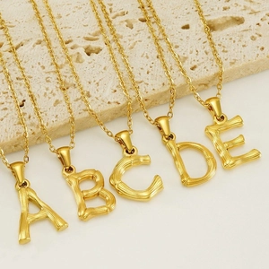 Stainless Steel Initial Letter Pendant Necklace 18K Gold Plated Bamboo Texture Trendy Jewelry For Women Men