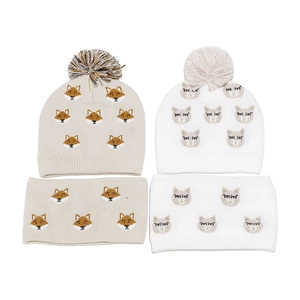 Winter knit hat and scarf set for kids featuring cute fox and cat animal patterns
