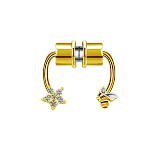 Macro detail of gold magnetic nose ring featuring a crystal star and blue bee design