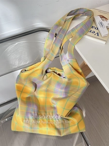 Large yellow checkered tote bag by SOZAKKA, lightweight reusable canvas shoulder bag