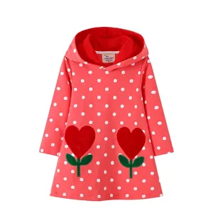 Girls long-sleeve red polka dot hooded dress with heart-shaped floral embroidery