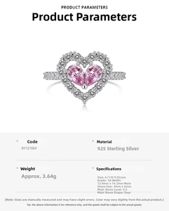 Detail view of S925 sterling silver ring with pink pear-shaped heart zircons