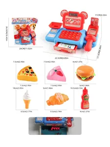 Detailed dimensions of blue supermarket checkout toy set with simulation food accessories