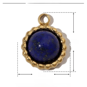 Detailed view of 11mm gold stainless steel pendant with blue natural stone and measurements