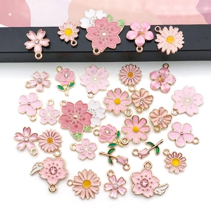 Pink enamel flower charms collection with rhinestones for DIY jewelry making