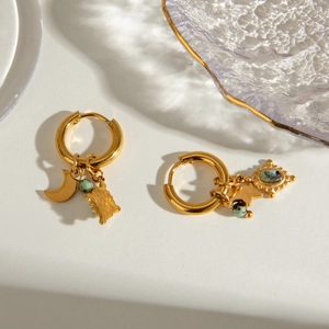 Vintage stainless steel gold hoops with moon star charms and turquoise stone pendants