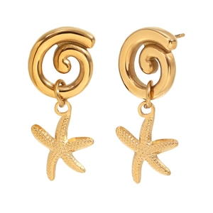 Vintage 18K gold plated stainless steel starfish drop earrings with spiral stud design