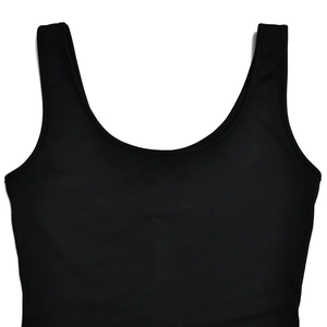 Close-up of a black sleeveless backless jumpsuit bodice against a white background