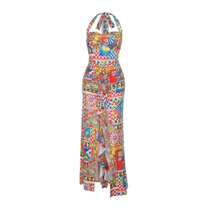 Sleeveless halter neck maxi dress with colorful Mediterranean print and side slit
