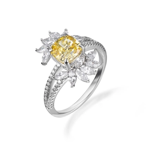 Elegant S925 sterling silver ring with square yellow gemstone and marquise zirconia accents