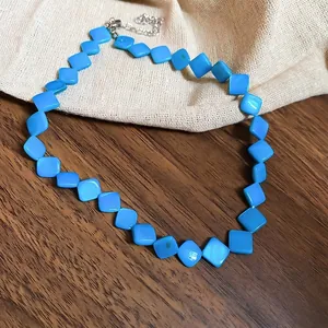 Elegant rhombic sky blue shell beaded necklace with adjustable lobster clasp chain