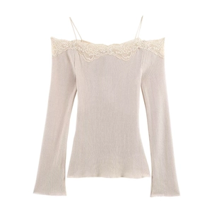 Detail of beige ribbed knit top featuring delicate lace trim and off-shoulder cold shoulder design