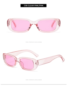 Pink translucent rectangular sunglasses with clear lenses in a Y2K vintage style