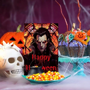 Halloween vampire party invitation card with comic style art and festive decorations