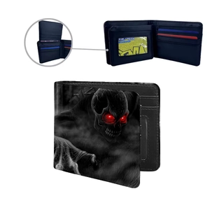 Men's bifold PU leather skull wallet with glowing red eyes design and multi card slots