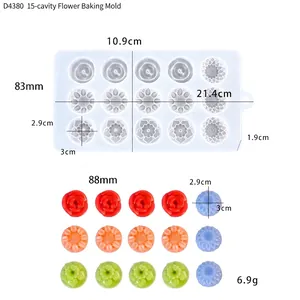 Detailed size specifications for 15-cavity flower silicone chocolate and cake mold