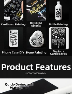 White acrylic paint marker shown with fast-drying and waterproof effects on various surfaces