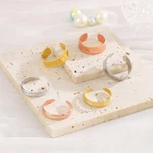 French Vintage Minimalist Geometric Open Rings For Women 18K Gold Plated Stainless Steel Beaded Edge Twisted Adjustable Jewelry