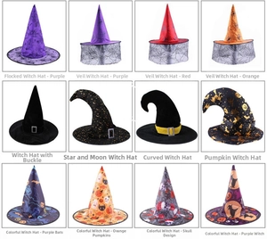 Selection of Halloween witch hats featuring varied prints, colors, and lace veil details