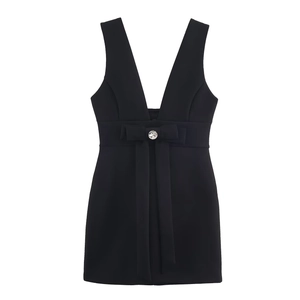 Damen Eleganz Schwarz Tiefem V-Ausschnitt Mini-Kleid Ärmellos Schleifendekoration Mit Strass Für Sommerparty Urlaub