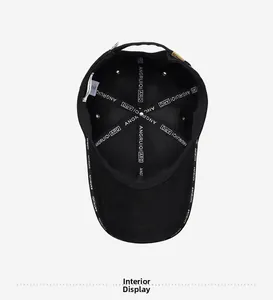 Detail view of the black cotton baseball cap interior with reinforced bands and sweatband