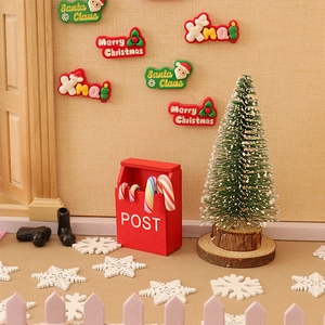 Miniature dollhouse Christmas set with red mailbox, tiny tree, boots and fence
