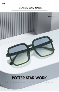 Detail of square oversized dark green sunglasses with blue and yellow gradient lenses