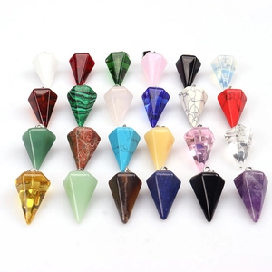 Bulk set of 24 colorful faceted cone crystal pendulum pendants in a neat grid display