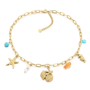 Gold stainless steel bohemian necklace with starfish shells and turquoise beads charms